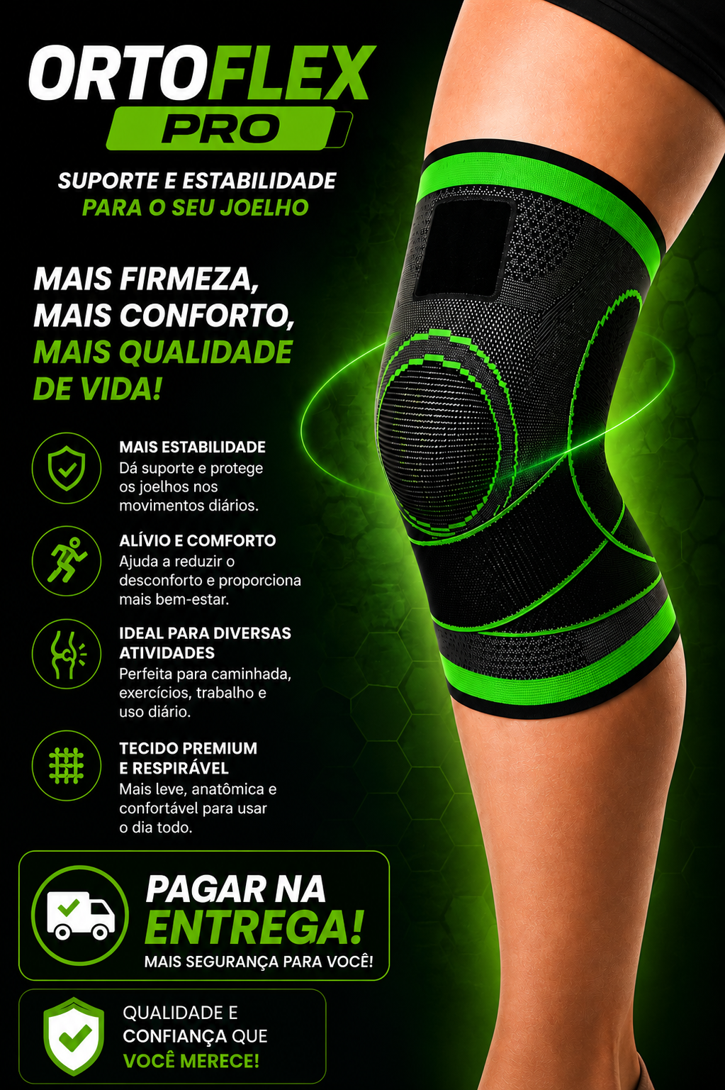 Joelheira ortopédica OrtoFlex Pro premium preta e verde neon